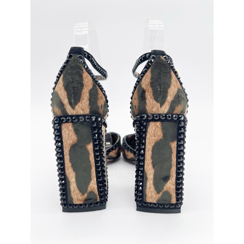 Dolce Gabbana Leopard Velvet Crystal Studded Block Heel Ankle Strap Pumps IT 36 - Picture 7 of 11
